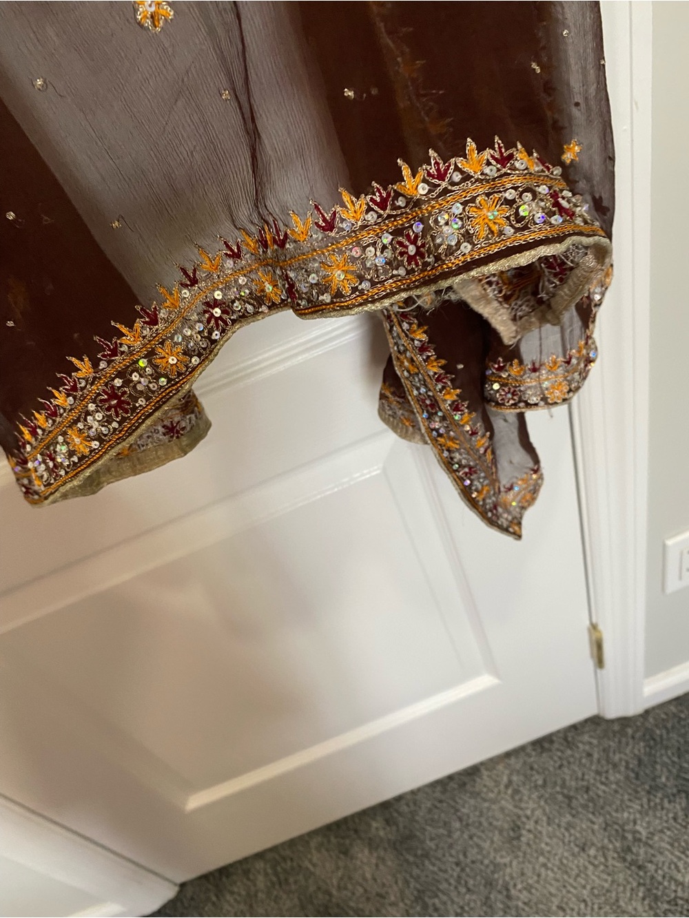 Embroidered Brown Sheer Scarf with Gold & Marigold Accents - Picture 3 of 7